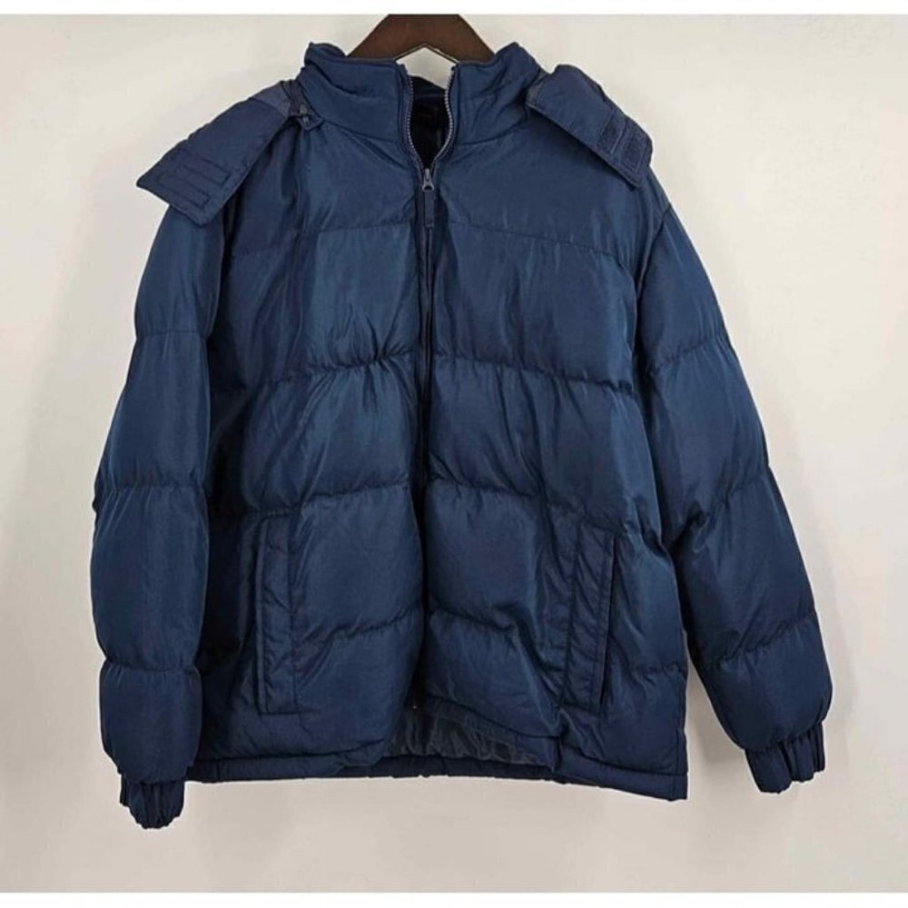 St. John's Bay Mens Blue Puffer Jacket Sz L Water Resistant Removable Hood Sz L
